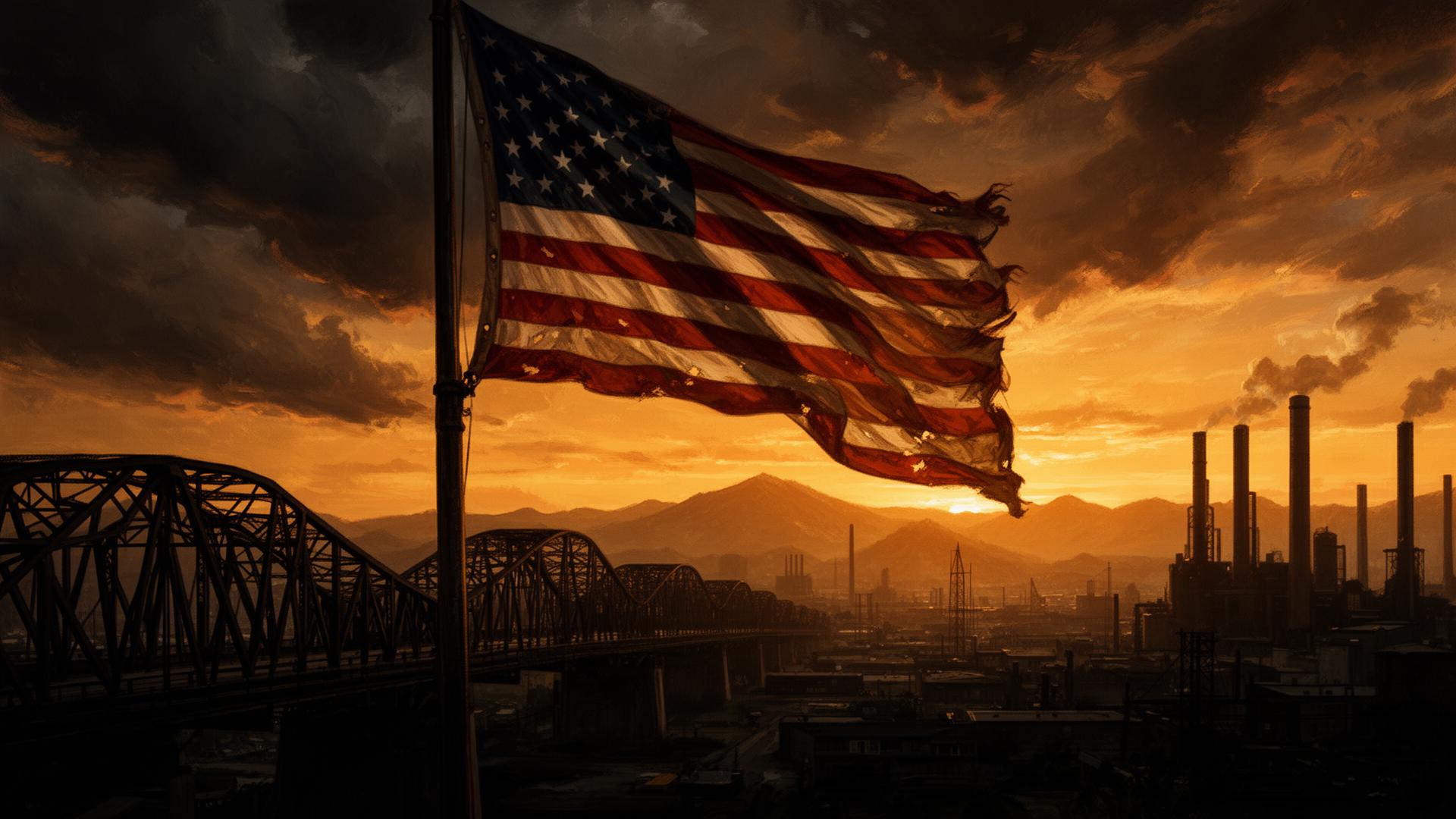 American flag billowing against a stormy sunset over industrial American landscape